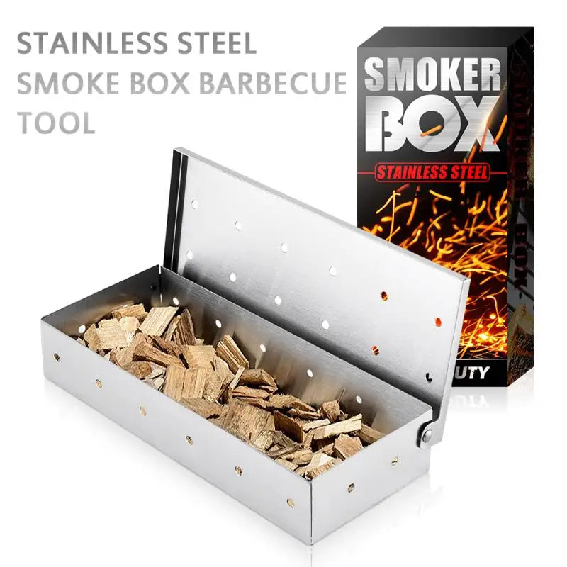 Indoor Outdoor BBQ Smoker Box for Gas Grill Charcoal Wood Chips Meat Smoking Flavor Accessories