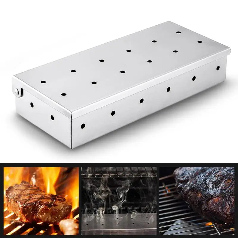 Indoor Outdoor BBQ Smoker Box for Gas Grill Charcoal Wood Chips Meat Smoking Flavor Accessories